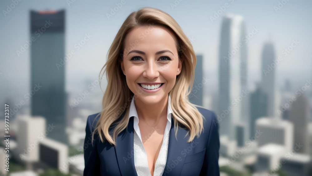 Happy businesswoman in suit. Long, blonde hair, Blurred city background with copy space. Generative AI.