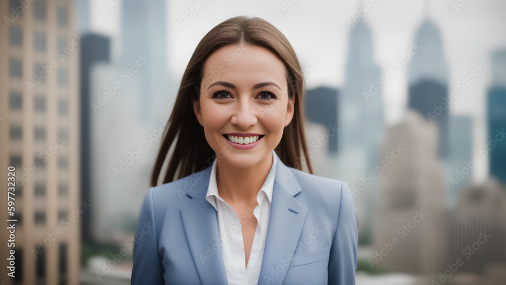 Cheerful female with brown, long hair on blurry city background with mockup. Generative AI. Cheerful female with brown, long hair on blurry city background with mockup. Generative AI.