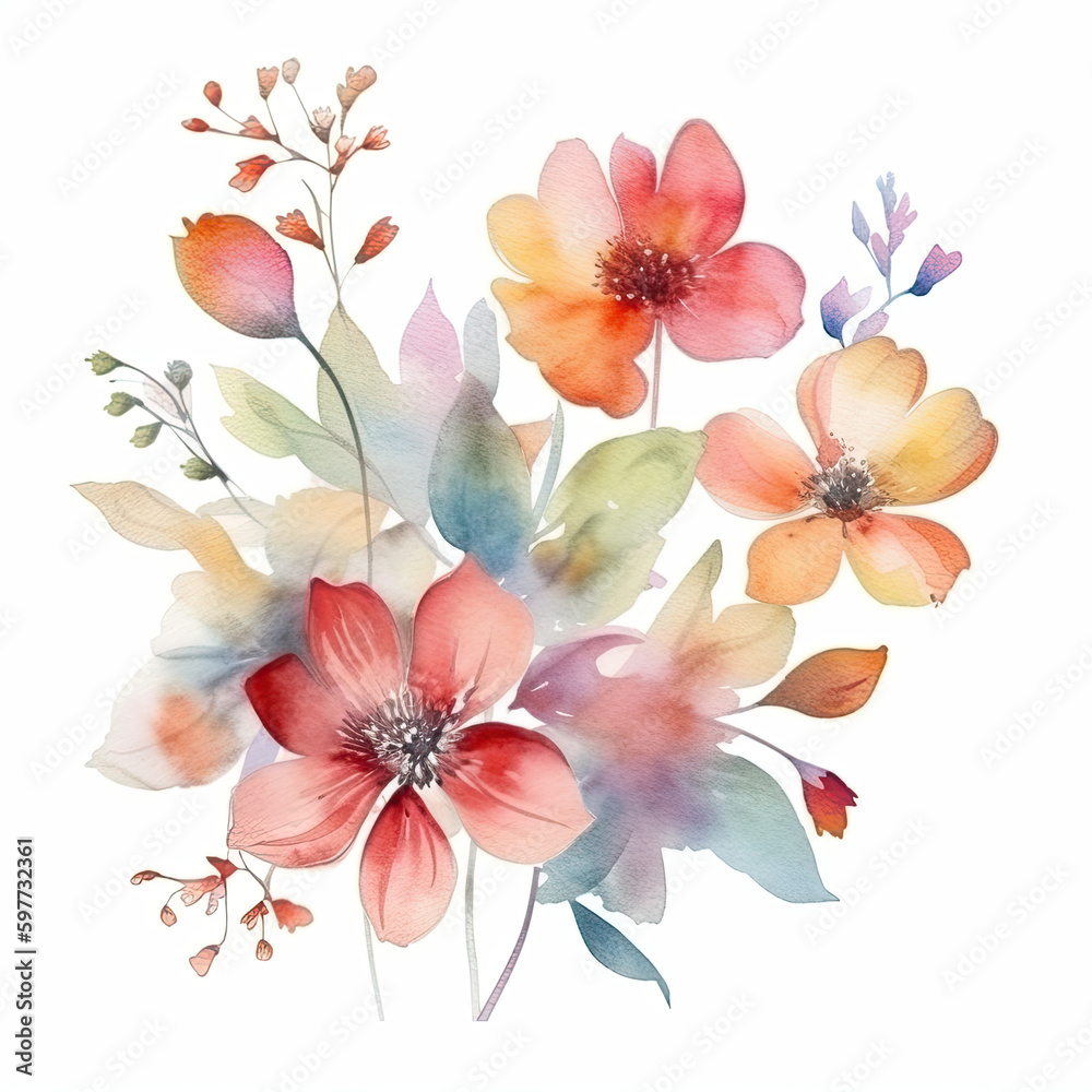 Ethereal Blooms, Spring Bouquet, Floral Harmony, Summer Colors, watercolor flowers, AI generative 