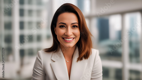 Business portrait of female with brown, short hair looking at camera on blurry city background with mockup. Generative AI.