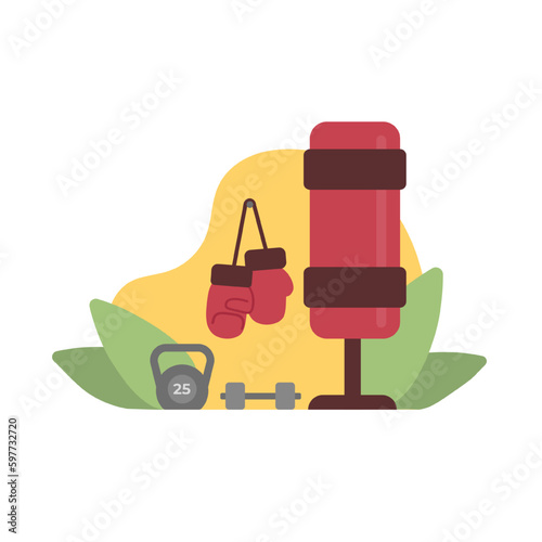 Colored items concerning boxing and sports equipment