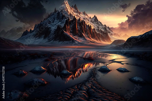 Generative AI illustration moody epic landscape of river flowing through dramatic mountain range and lakes during sunrise golden hour