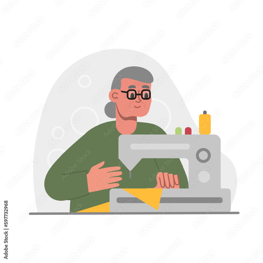 Female cartoon character sewing using machine at home