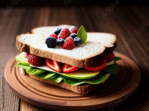 Vegetarian Berry Sandwich with Strawberries and Herbs. Generative AI