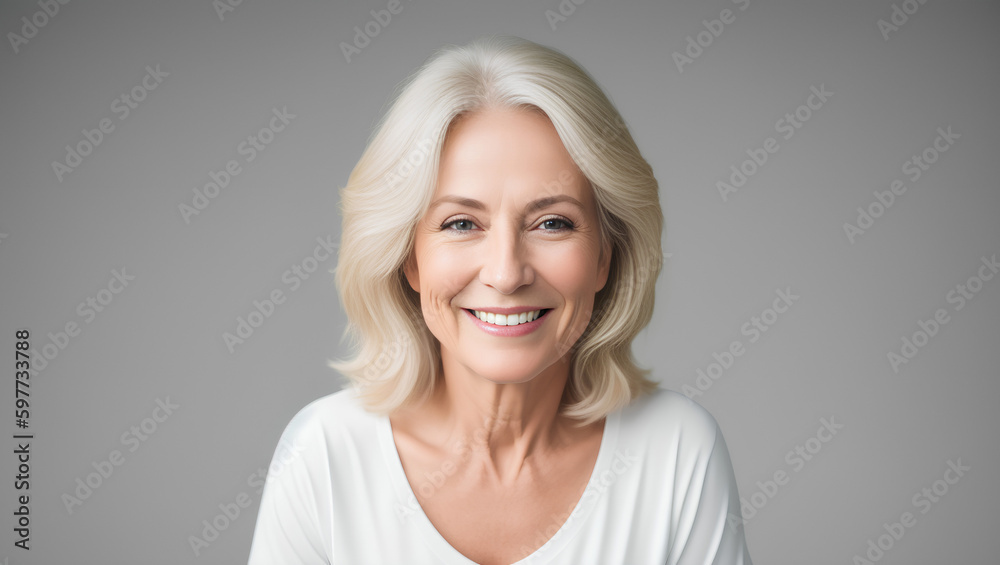 Portrait of smiling woman with wavy, blond hair looking at camera. Isolated background with copy space. Generative AI. Portrait of smiling woman with wavy, blond hair looking at camera. Isolated background with copy space. Generative AI.