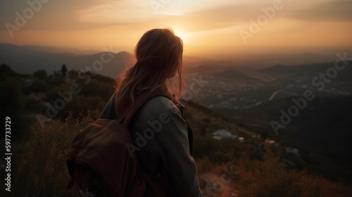 Girl on the top of the mountaion looking the sunset