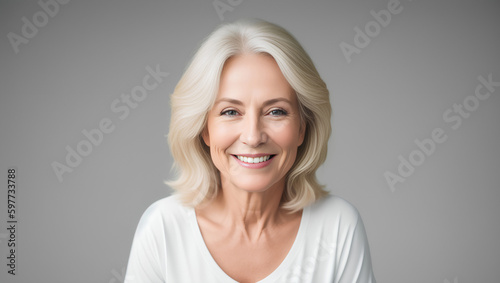 Portrait of smiling woman with wavy, blond hair looking at camera. Isolated background with copy space. Generative AI. © Dawid