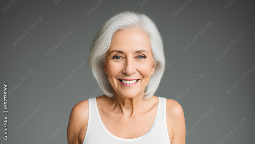 Mature women with silver hair wearing white top. Empty background with mockup. Generative AI. Mature women with silver hair wearing white top. Empty background with mockup. Generative AI.