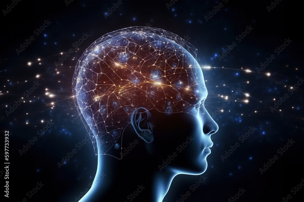 Illustration of a human brain with glowing neural connections for ...