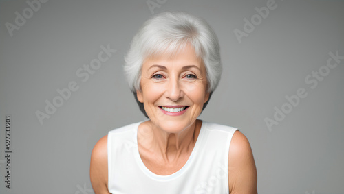 Portrait of joyful woman with short, silver hair on natural background with copy space. Generative AI.
