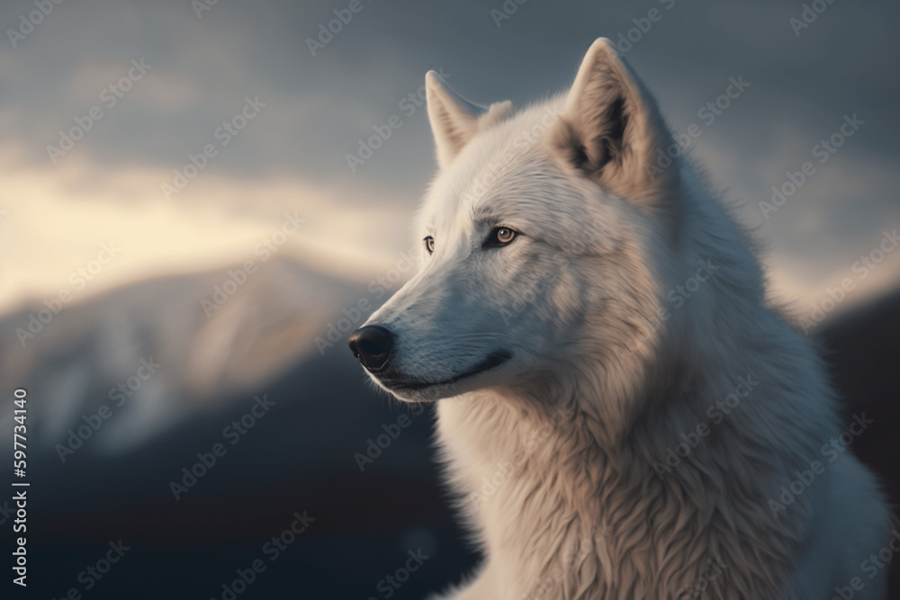 Naklejka premium Portrait of a white wolf in the world, Generative AI