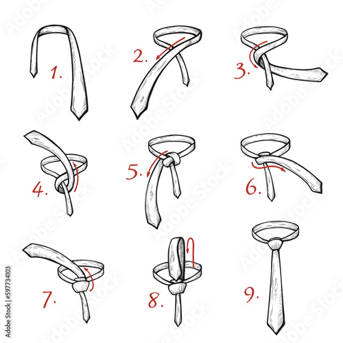 Tying tie knot DIY instruction infographic steps picture arrows line engraved vector illustration