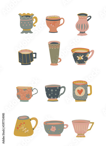 Set of bright beautiful mugs in a retro style on a white background. Tea drinking. Beverages. Design element. Beautiful glassware for drinks. Vector illustration. Flat design.