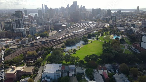 Aerial drone view of Surry Hills and Haymarket in inner Sydney, NSW Australia with Sydney City in the background  photo
