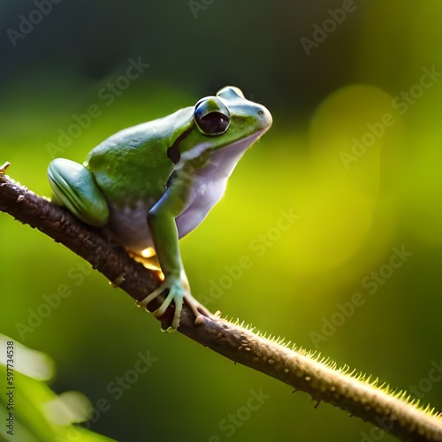 Frog with bokeh camera capture photo is in wild forest blurry background, great to use for business, website, blog, company, animal lovers etc. Ai generated image