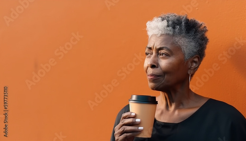 Senior older modern black dark-skinned african american woman drinking take away coffee and enjoys life. Generative AI
