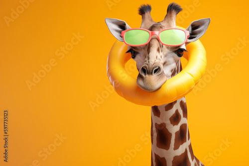 A giraffe ready for a summer vacation with sunglasses and an inflatable rubber ring. Generative ai