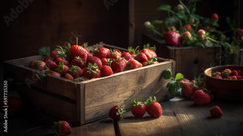 wooden crate filled with fresh strawberries and other berries, against a rustic wooden background with a hint of sunlight. generative ai.