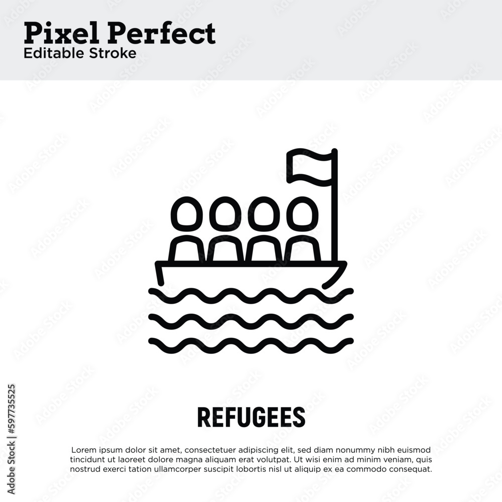 Illegals on boat thin line icon. Modern vector illustration of migration.