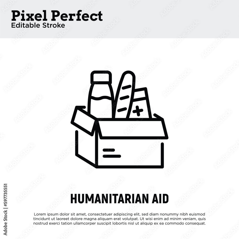 Humanitarian aid thin line icon, food drive, food box. Editable stroke. Modern vector illustration of charity.
