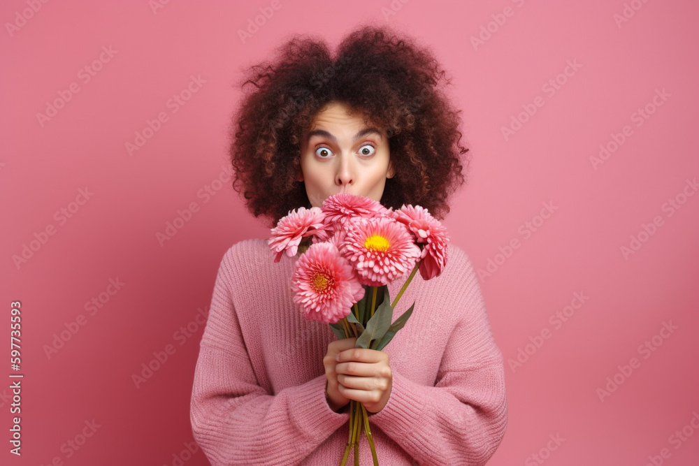 Young woman with curly hair and a surprised shocked face expression holding a bouquet of flowers isolated on pink background. High quality photo Young woman with curly hair and a surprised shocked face expression holding a bouquet of flowers isolated on pink background. High quality photo
