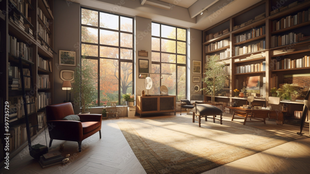 A library filled with rows of bookshelves towering to the ceiling, bathed in warm light from large windows that overlook a peaceful garden outside. generative ai.