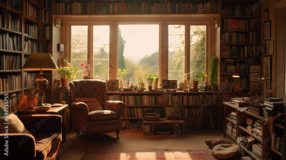 A library filled with rows of bookshelves towering to the ceiling, bathed in warm light from large windows that overlook a peaceful garden outside. generative ai.