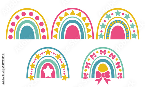 Valentine's Day set of cute boho rainbow with hearts, Vector illustration