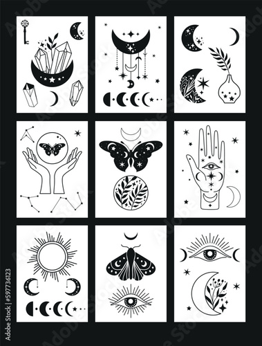 Banner set Mystical moon phases set icons and woman hands and moth, alchemy esoteric magic space, vector isolated black on white background