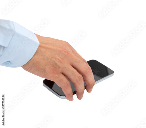 Hand of a businessman holding up a smart phone with a white background