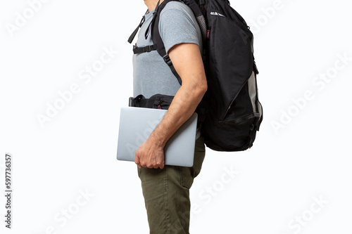 Unrecognizable digital nomad man traveling the world working with his laptop against a white background