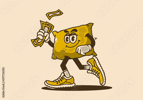 Vintage mascot character of walking pillow holding money