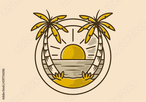 Vintage illustration of beach view in circle shape