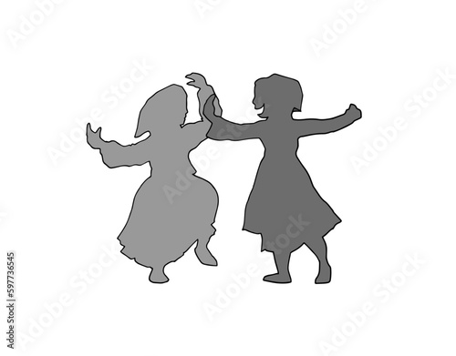 Cute happy women characters backlight silhouettes dancing with hers arms up and wearing traditional clothes. Hand drawn Cartoon style vector illustration isolated on white background.