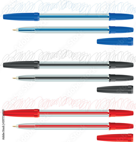 simple ballpoint pens with a cap of primary colors photo