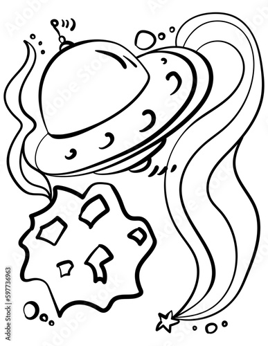 UFO coloring page for kids activity, spaceship and asteroid in space