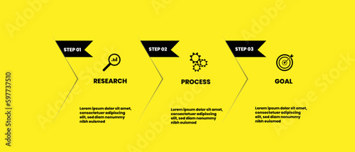 Vector business infographic concept, three step graphics and business icons, yellow background
