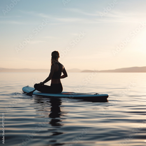 A person practicing yoga on a paddleboard, surrounded by calm waters and maintaining balance and focus © Julius