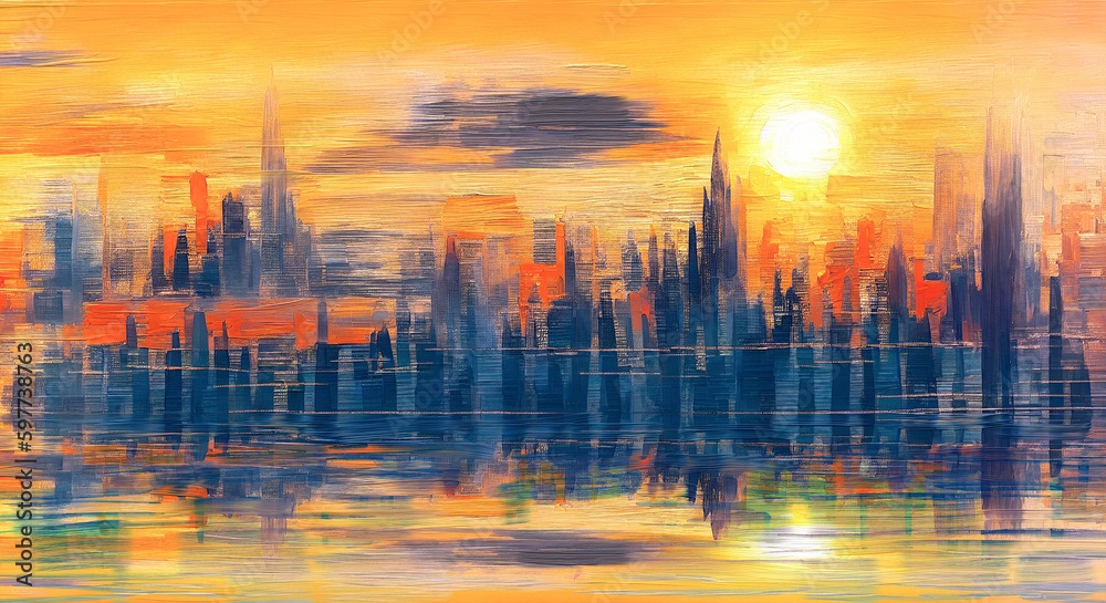 Vibrant sunset, impressionistic skyline, paint texture. Abstract panoramic oil painting with water reflections