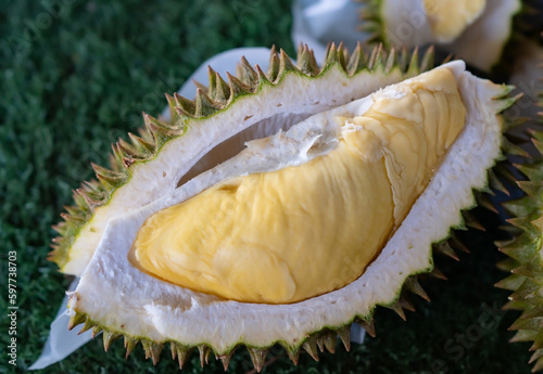 Durian cut in half, the king of fruits in Asia