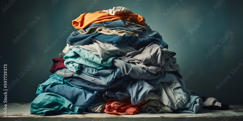 big stack of unwashed and unironed clothes on a concrete board, created ...