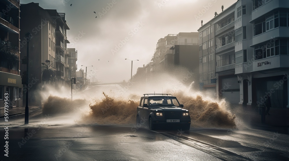 Fototapeta premium abandoned car on the road before the tsunami crash the road, generative ai