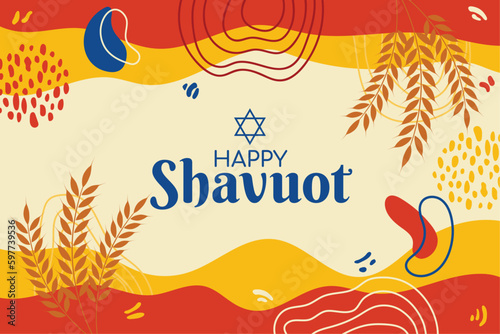 Happy Shavuot Horizontal Background Vector Illustration. Traditional Jewish holiday graphic. Memphis Concept Wheat Grain Flat banner design. Israel festival Website header, greeting, social media post