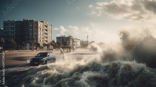 abandoned car on the road before the tsunami crash the road  generative ai