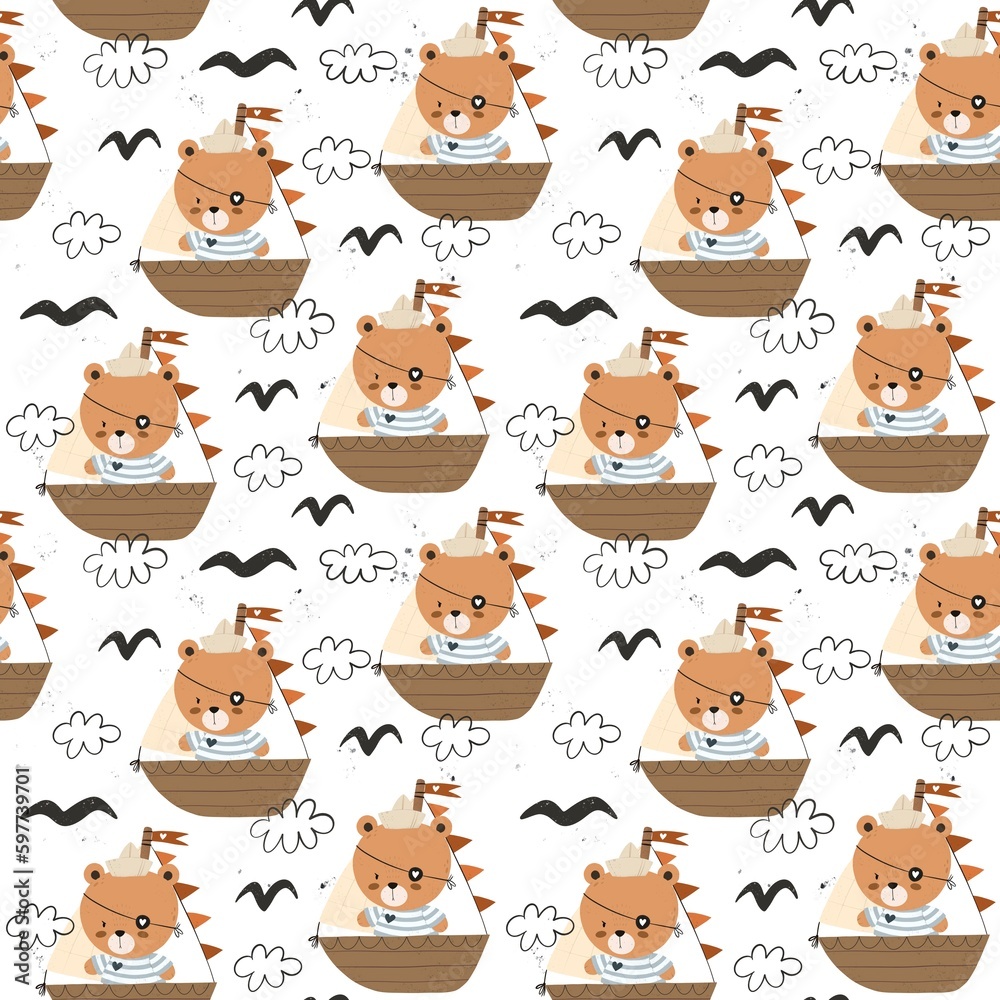 seamless pattern with cartoon bear sailors, ship, decor elements. colorful flat style. design for fabric, textile, print, wrapper. seamless pattern with cartoon bear sailors, ship, decor elements. colorful flat style. design for fabric, textile, print, wrapper.