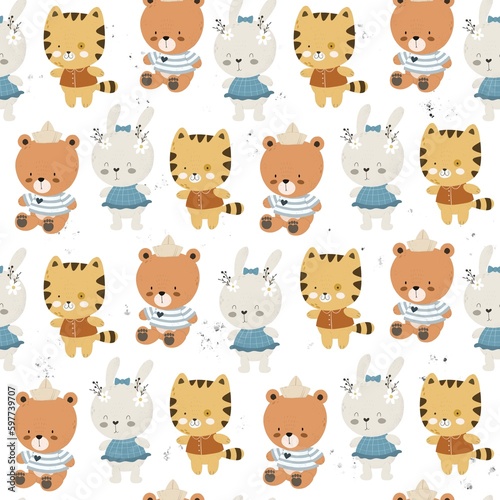 Seamless pattern with cartoon animals, decor elements. flat style. hand drawing. baby design for fabric, print, wrapper, textile