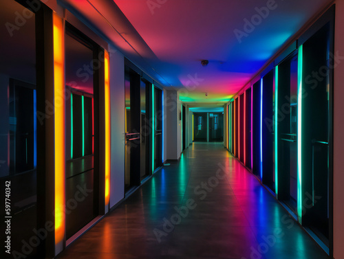 Hallway office corridor with neon lighting modern office building