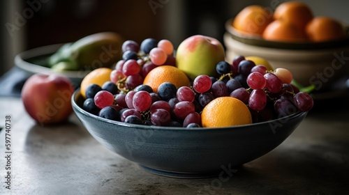 A bowl of vibrant fresh fruit on a kitchen counter created with Generative AI