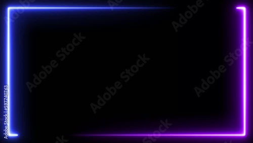 Purple and blue laser lights run along a square frame. Futuristic electric light effect on black background.  animations backdrop sign for club, show, music video, presentation.