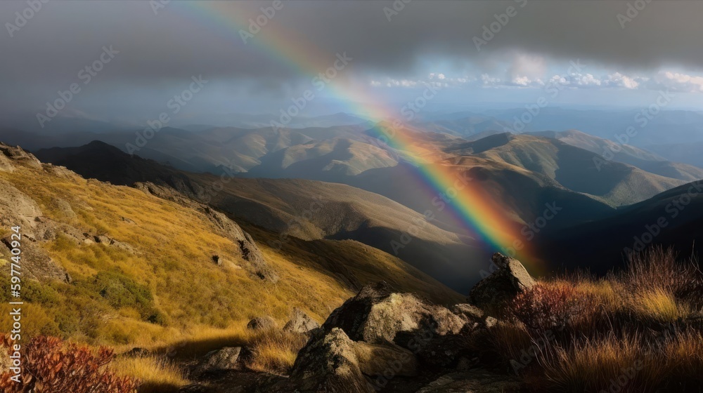 A breathtaking view of a rainbow stretching across a landscape of mountains and valleys created with Generative AI